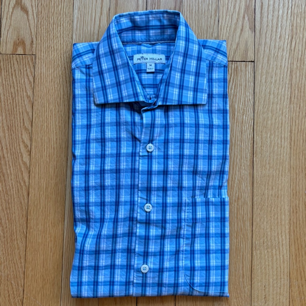Peter Millar Crown Comfort Mens Long Sleeve Performance Shirt Medium Blue Plaid